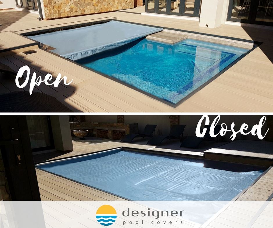 designer pool covers Two pictures of pool covers.