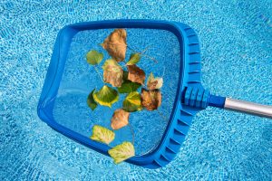 designer pool covers A blue pool skimmer effectively managing leaves and maintaining optimal pool water levels.