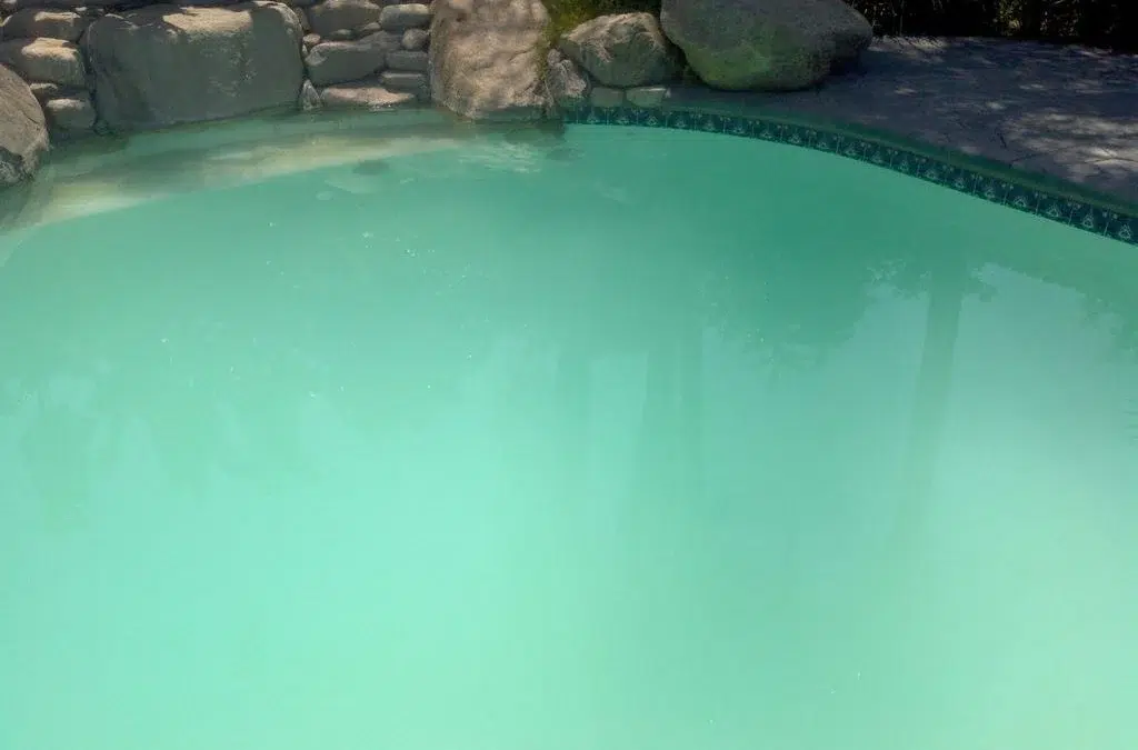 designer pool covers A pool with green water, rocks in the background, and cloudy appearance.