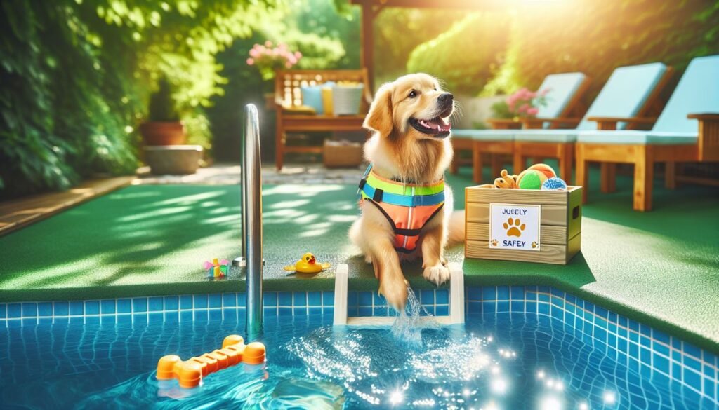 designer pool covers A golden retriever in a pool with toys and a life jacket.