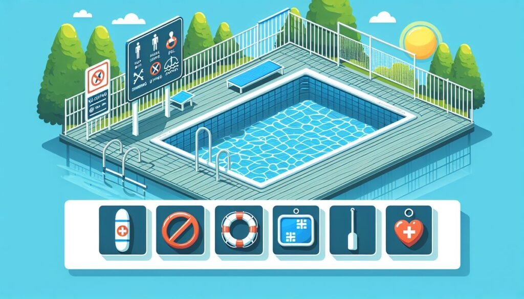 designer pool covers Isometric illustration of an outdoor swimming pool with safety signs, equipment, and pool covers.