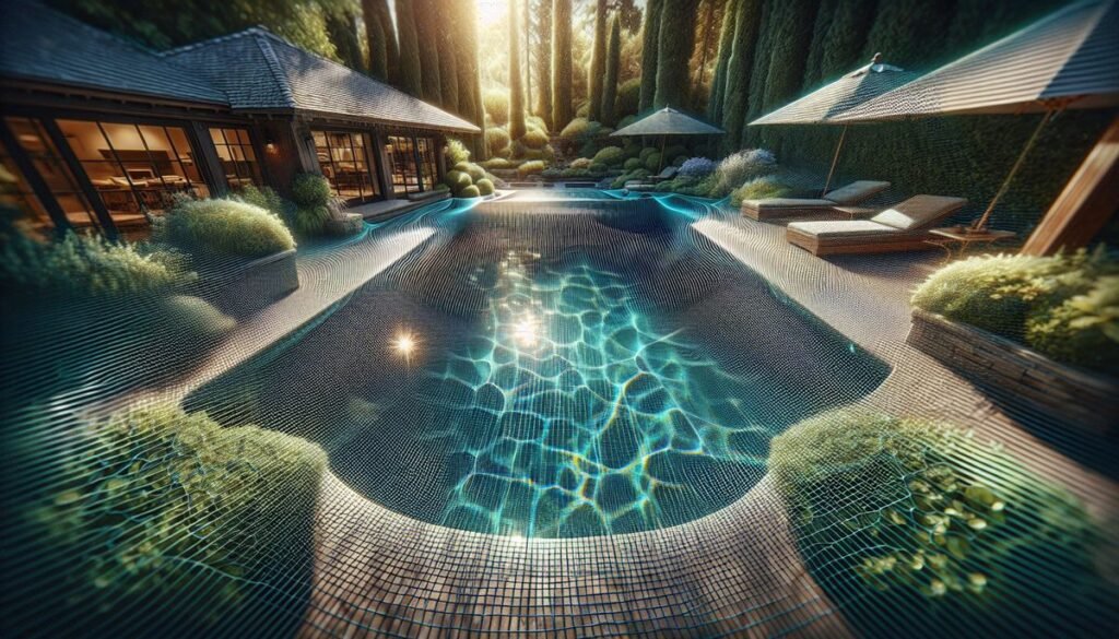 designer pool covers An image of a swimming pool in the woods.