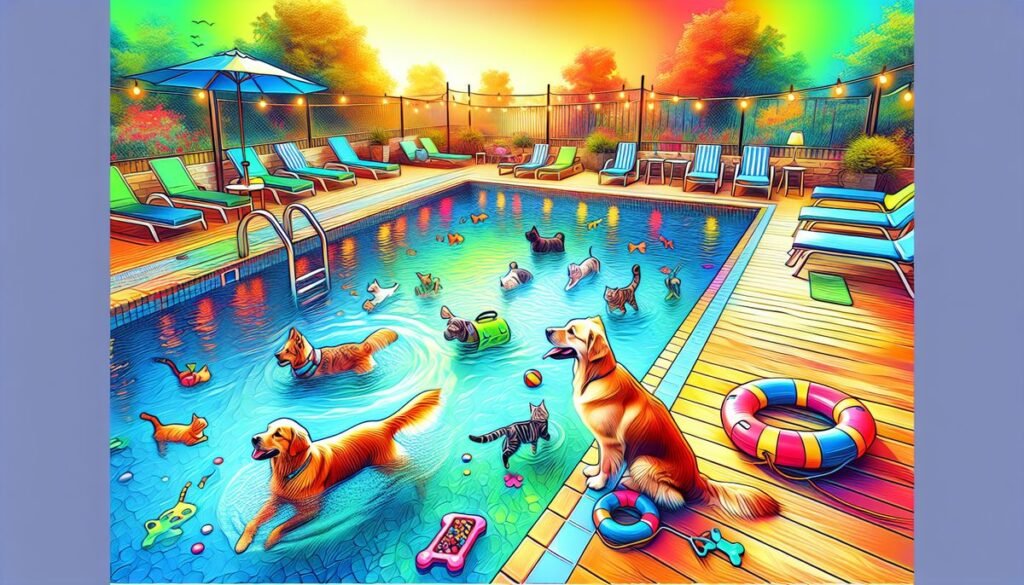 designer pool covers Dogs enjoying a vibrant, colorful pool party on a sunny day, with pool covers nearby.