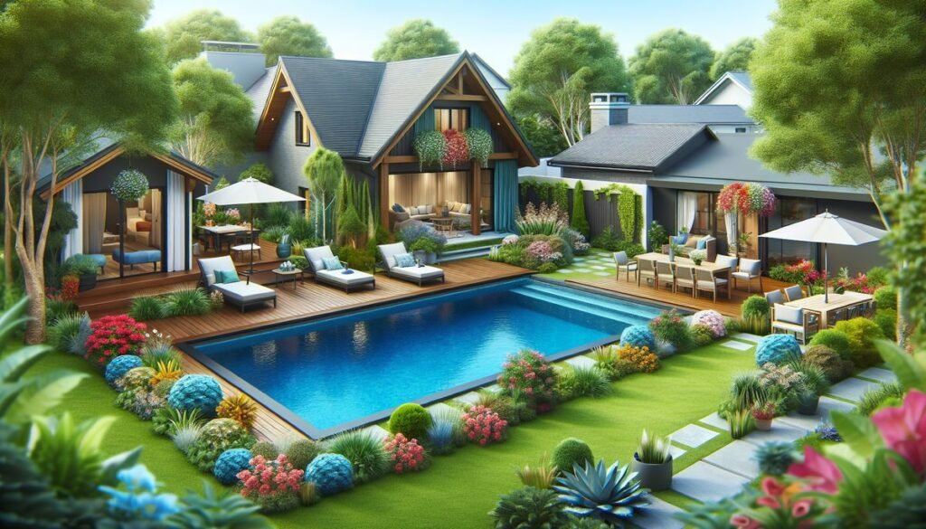 designer pool covers A 3d rendering of a house with a swimming pool.