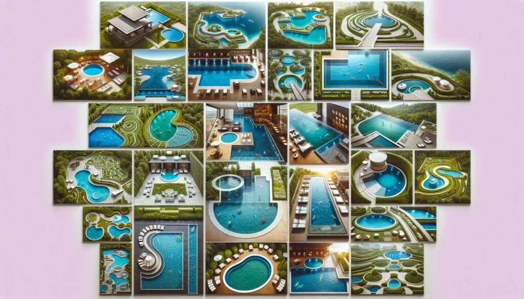 designer pool covers A collage of pictures of swimming pools and landscapes.