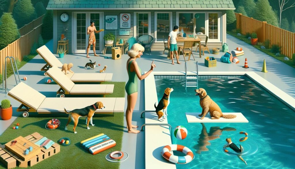 designer pool covers A painting of a woman and her dogs in a pool.
