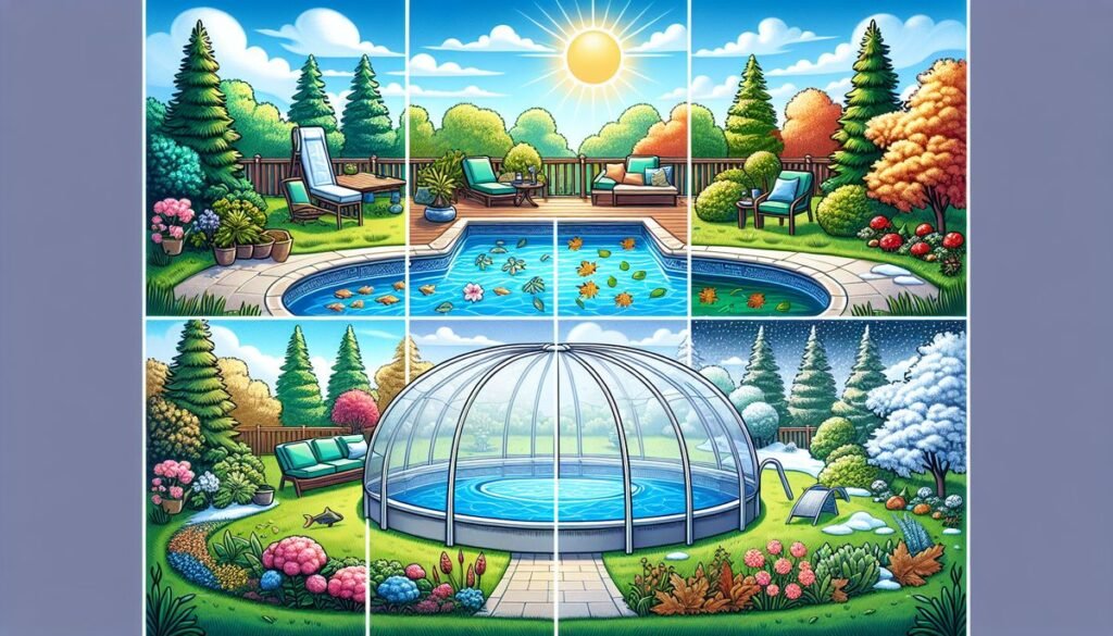 designer pool covers Four pictures of a garden with a swimming pool.