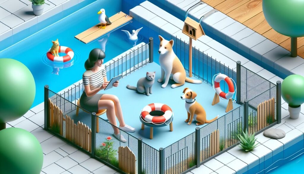 designer pool covers A woman is sitting in a pool with dogs and cats.