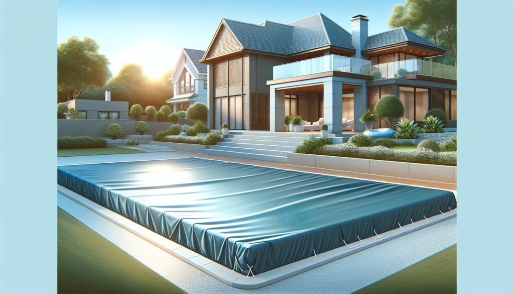 designer pool covers A house with a swimming pool in the background.
