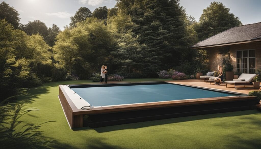designer pool covers A swimming pool in a backyard with a deck.