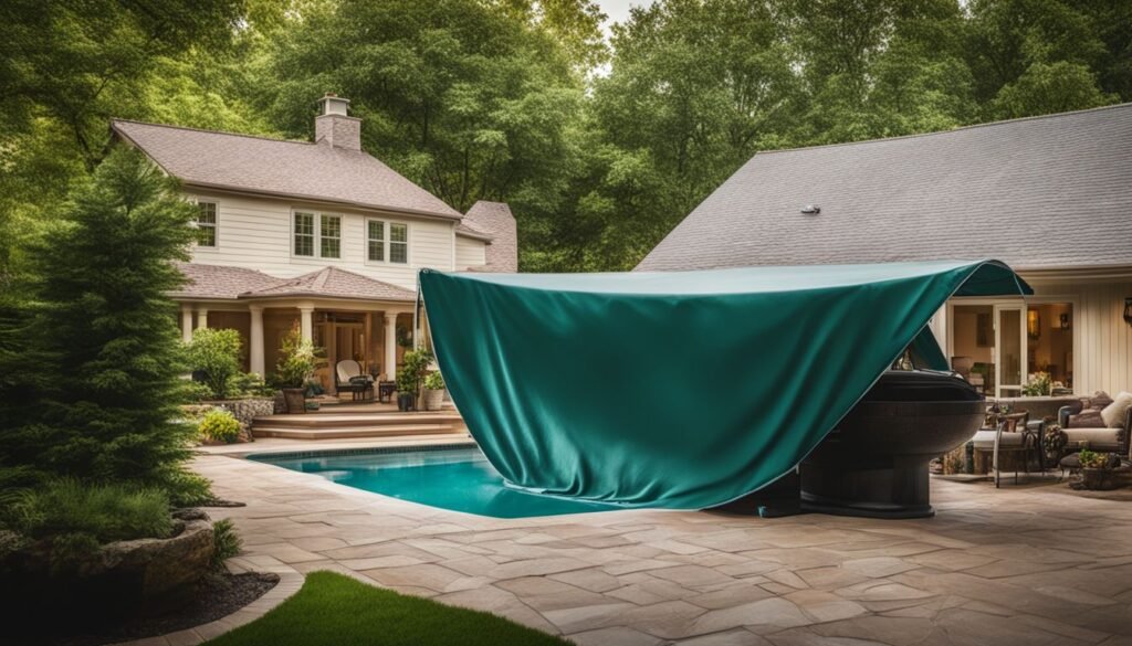 designer pool covers A blue awning covering a pool in a backyard.