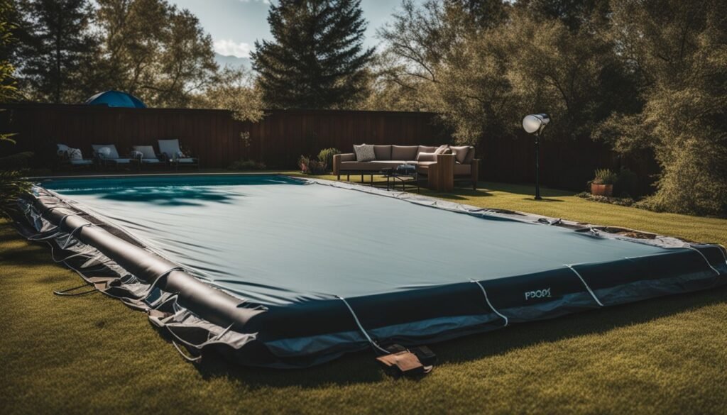 designer pool covers An inflatable pool in a backyard.