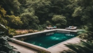 designer pool covers A swimming pool in the middle of a forest.