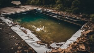 designer pool covers An abandoned swimming pool in the woods.