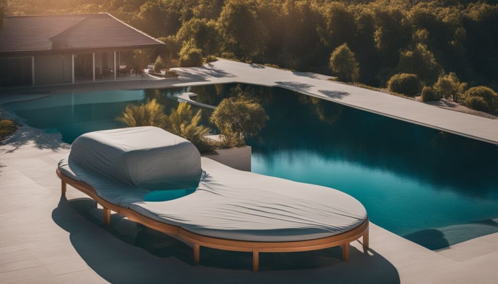 designer pool covers A chaise lounge in front of a pool.