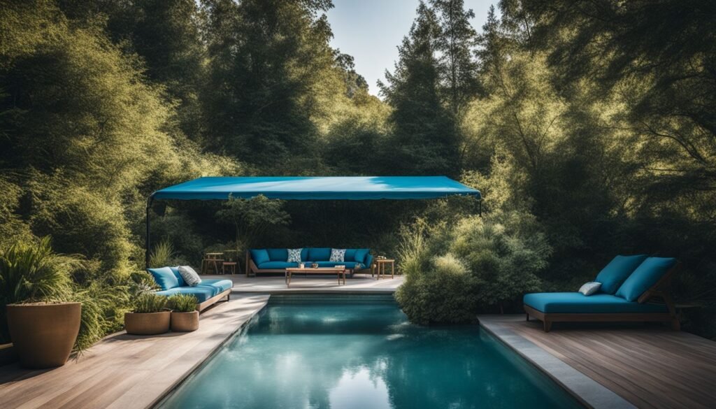 designer pool covers A pool with blue lounge chairs and a blue umbrella.