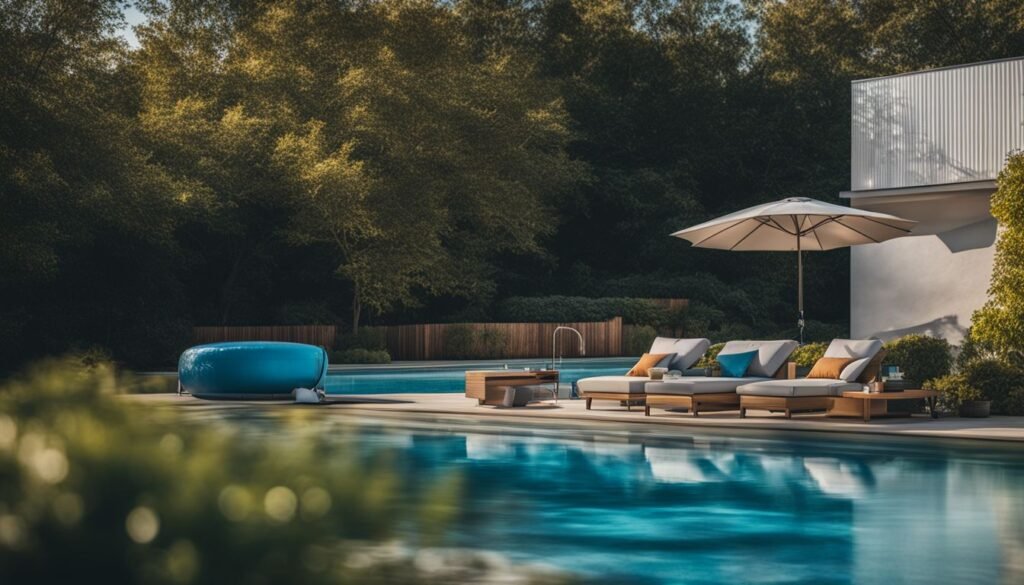 designer pool covers A house with a swimming pool and lounge chairs.