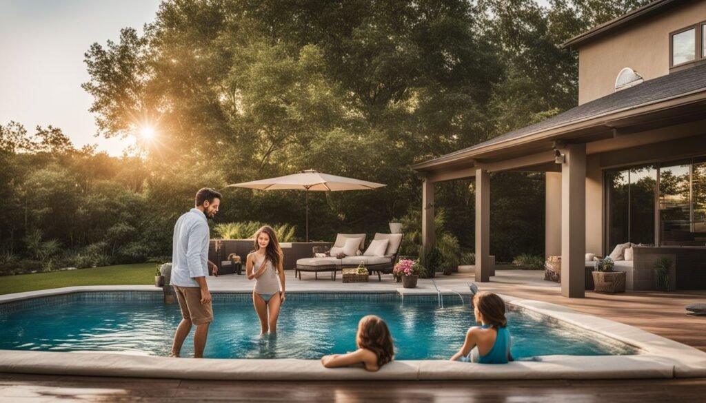 designer pool covers A family playing in a swimming pool at sunset.