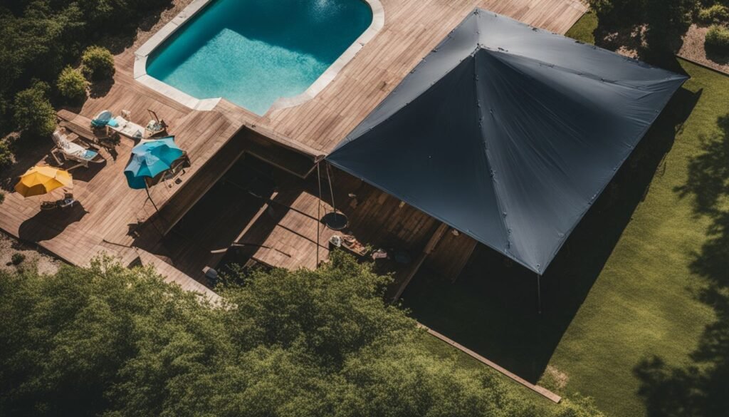 designer pool covers An aerial view of a house with a pool and a tent.