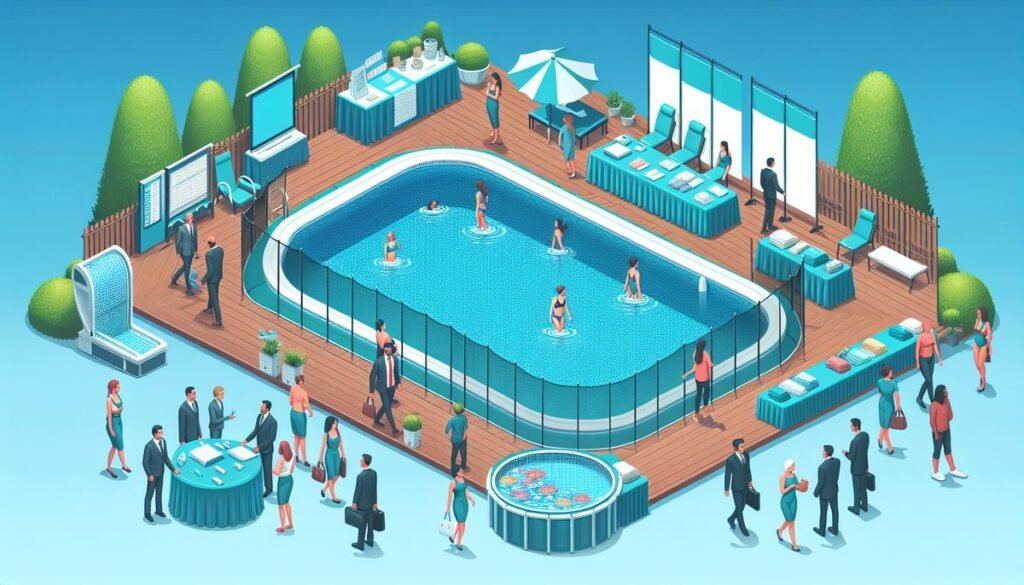 designer pool covers Isometric illustration of a modern rooftop pool party with guests socializing and swimming under retractable pool covers.