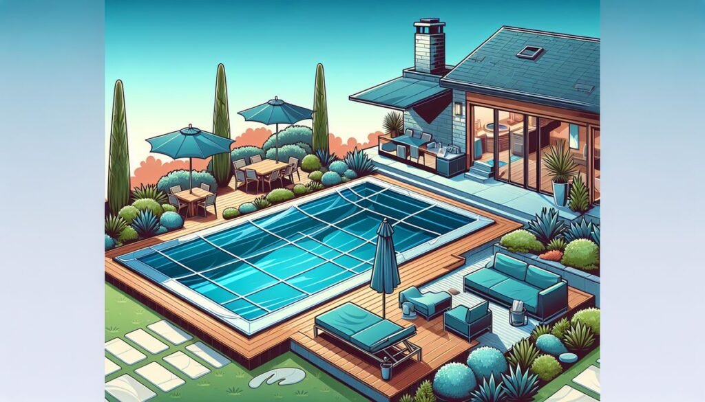 designer pool covers An illustrated image of a luxurious backyard with a swimming pool featuring pool covers, sun loungers, and parasols, adjacent to a modern house.
