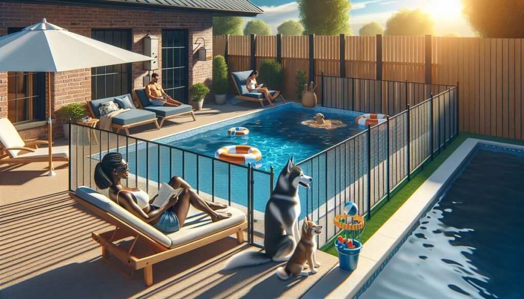designer pool covers A 3d rendering of a backyard with a pool.