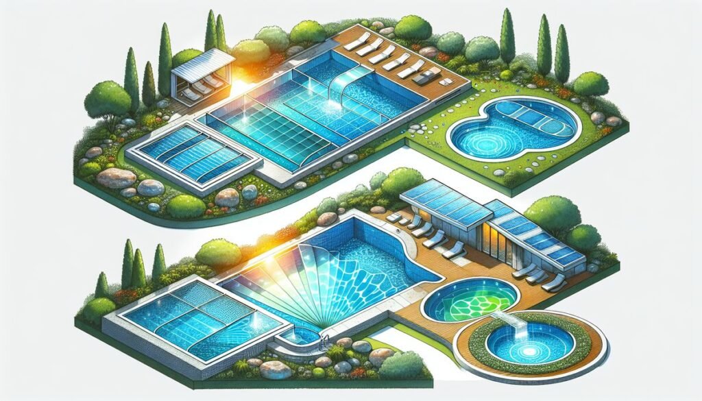 designer pool covers A set of isometric swimming pool and garden vector illustration.