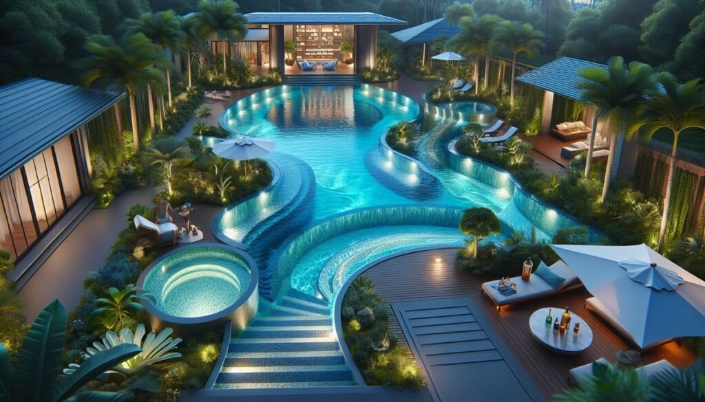 designer pool covers 3d rendering of a swimming pool in a luxury villa.
