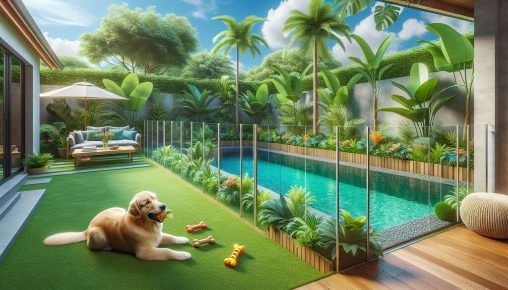 designer pool covers A dog is laying on the grass next to a pool.