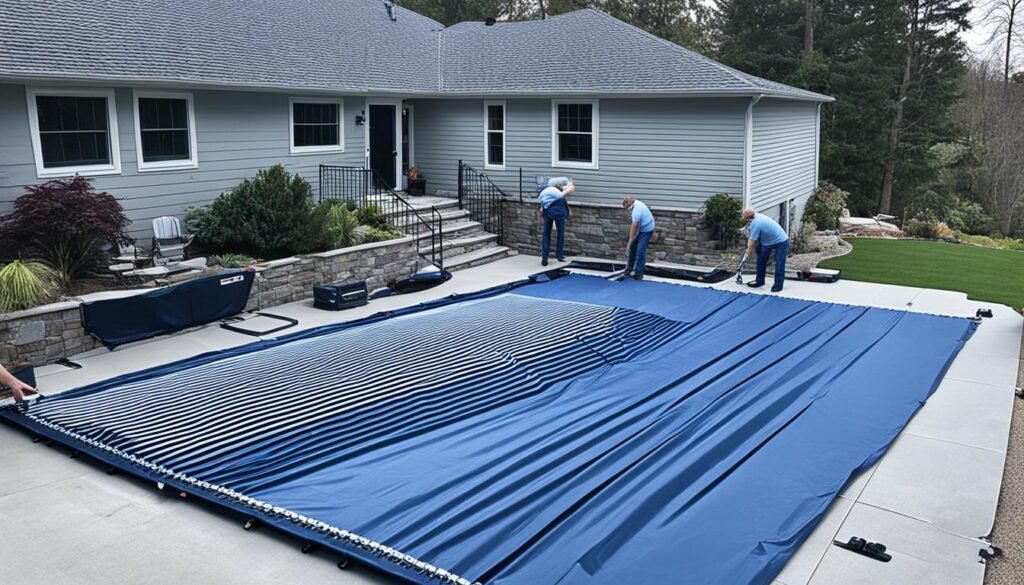 Pool cover installation in progress